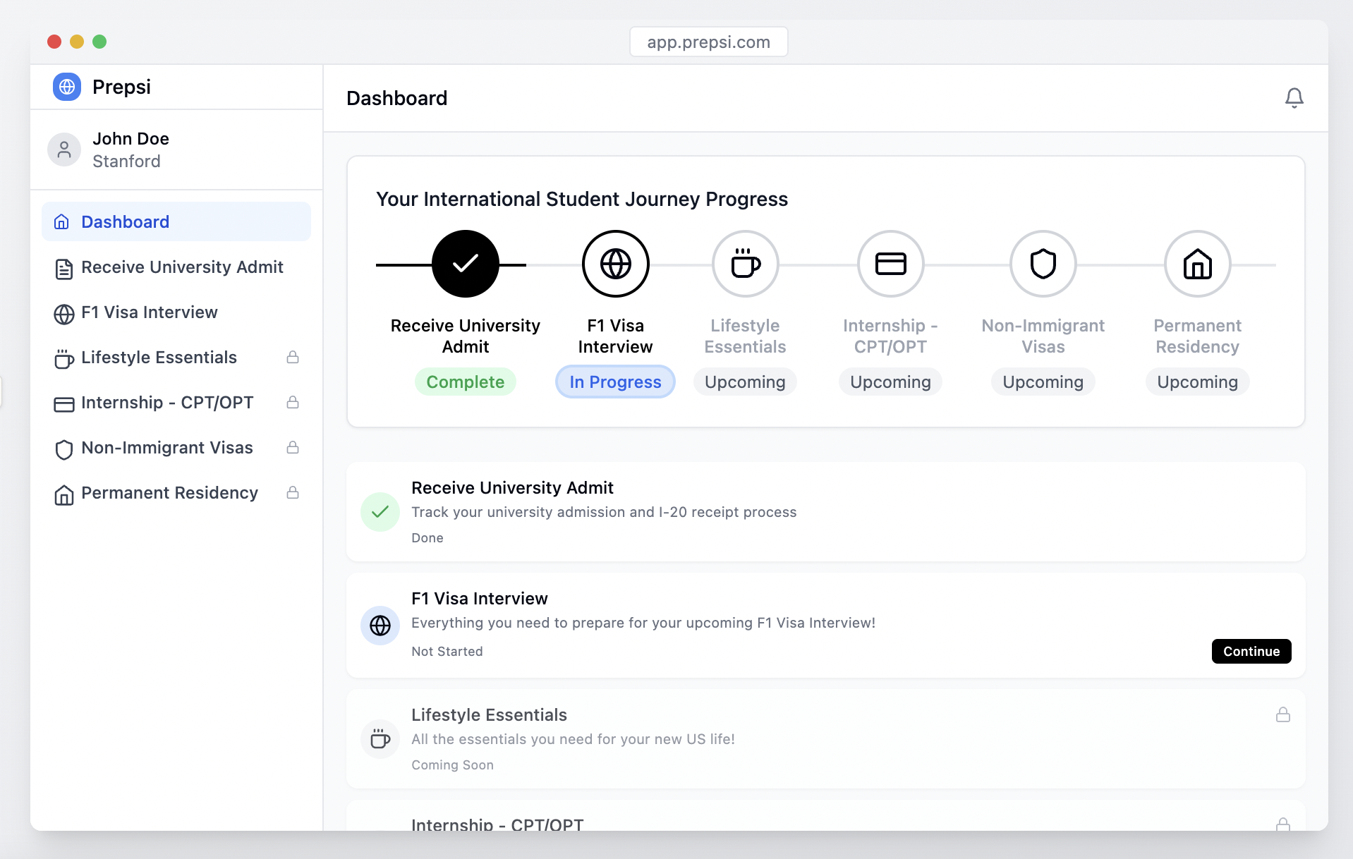 Prepsi Dashboard - International Student Journey Management Platform